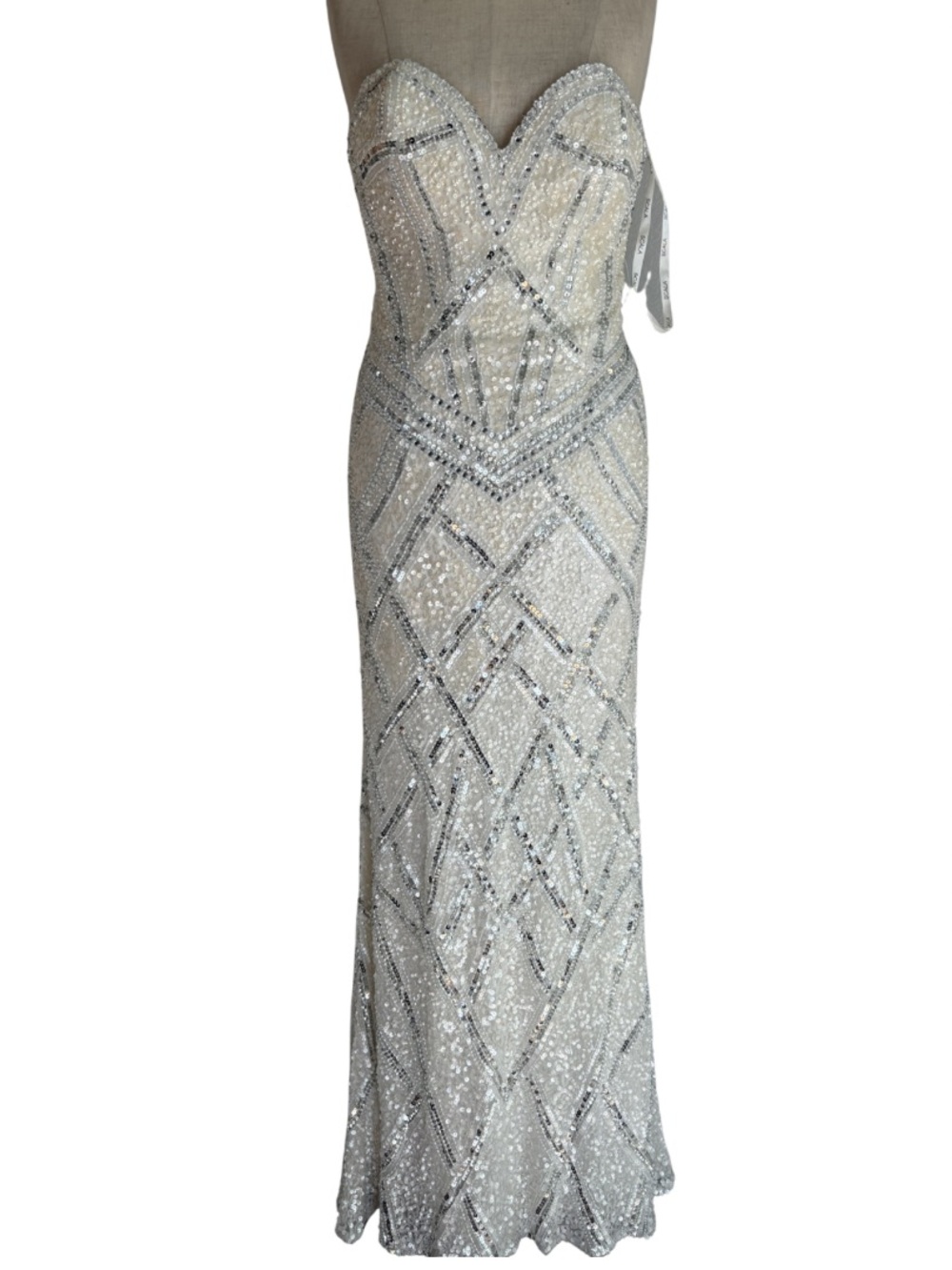 Scala Strapless Beaded Evening Gown in Silver and White